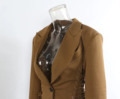 Spring Autumn New Women Blazer Notched Collar Single Button Lace-Up Waist Cinching Slim Fit Elegant Fashion Jackets HK13264