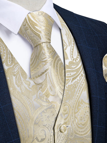 Men's Suit Vest & Tie Set – Champagne Golden Paisley Formal Waistcoat for Weddings & Business Events