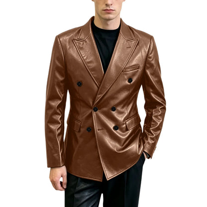 Vintage Men's Brown Leather Blazer Double Breasted Peak Lapel Slim Fit Suit Jacket High Quality Fashion Sport Coat Business Casu