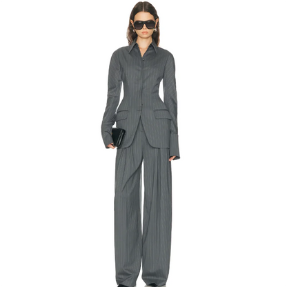 Chic Grey Pinstripe Women's Blazers and Suit Sets Tailored Slim Fit 2 Piece Set Jacket Wide Leg Pants Formal Office Lady Outfit