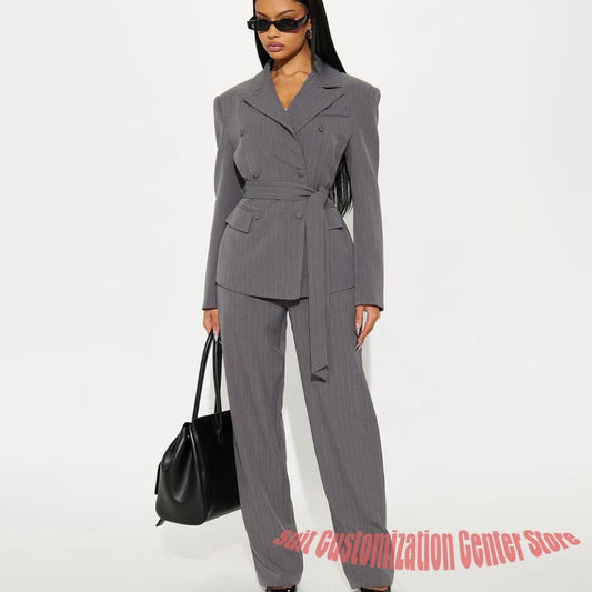 Grey Pinstripe Belted Women's Jacket Pants Set 2Piece Suit Slim Fit Double Breasted Notch Lapel Blazer for Professionals