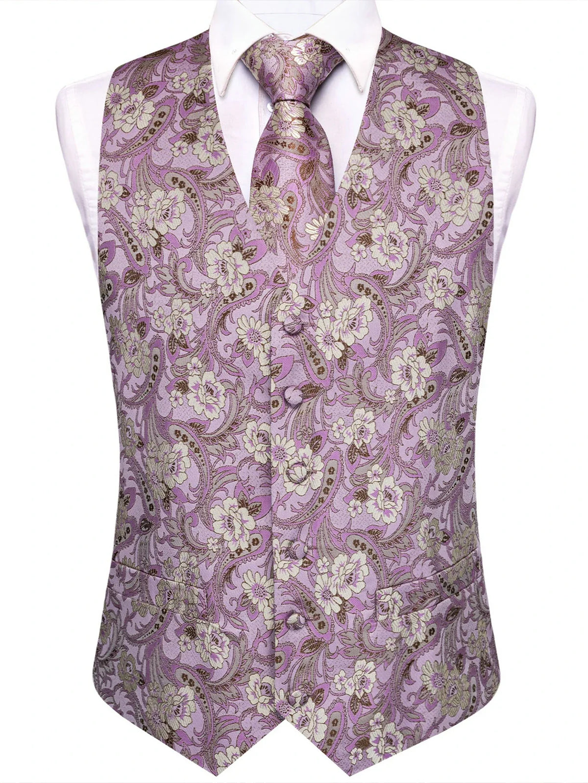 Men's Luxury Pink Jacquard Floral Vest Set – Formal Wedding & Prom Waistcoat with Tie, Bowtie & Pocket Square