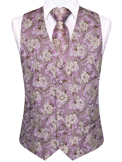 Men's Luxury Pink Jacquard Floral Vest Set – Formal Wedding & Prom Waistcoat with Tie, Bowtie & Pocket Square