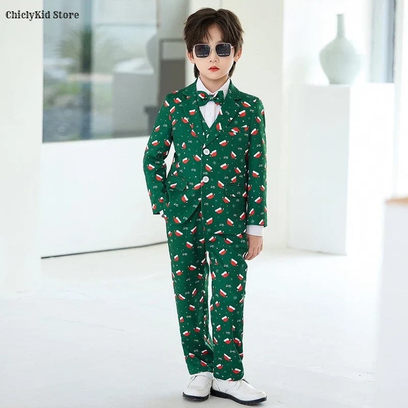 Boys Christmas Blazer Jacket Waistcoat Pants Wedding Suits Kids Morning Coat Formal Dress Children Tuxedos Toddler Clothes Sets