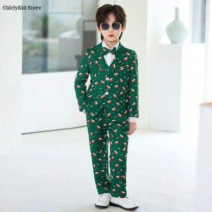 Boys Christmas Blazer Jacket Waistcoat Pants Wedding Suits Kids Morning Coat Formal Dress Children Tuxedos Toddler Clothes Sets