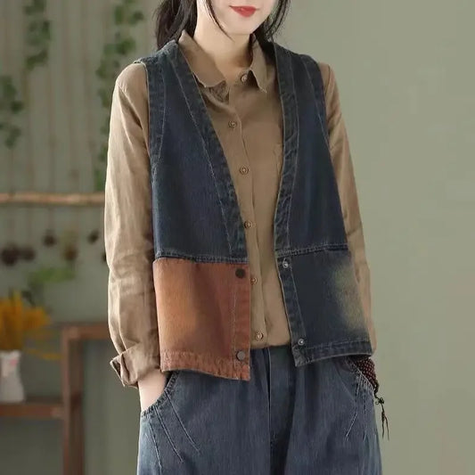 Vintage Style Women Denim Vest 2025 Spring New Summer Plus Size Sleeveless Outerwear Color Blocked Female Jean Waistcoat