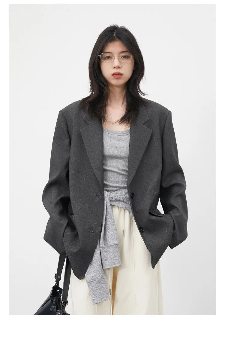 Fashion Women Blazers Loose Casual Design Bow Embossed Office Ladies Suit Jacket Gray Spring Autumn 2026 Female Coat