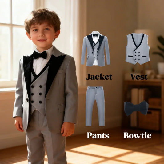 Boys Suit Set Velvet Collar 3-Piece Formal Outfit for Wedding & Communion Ages 3–14