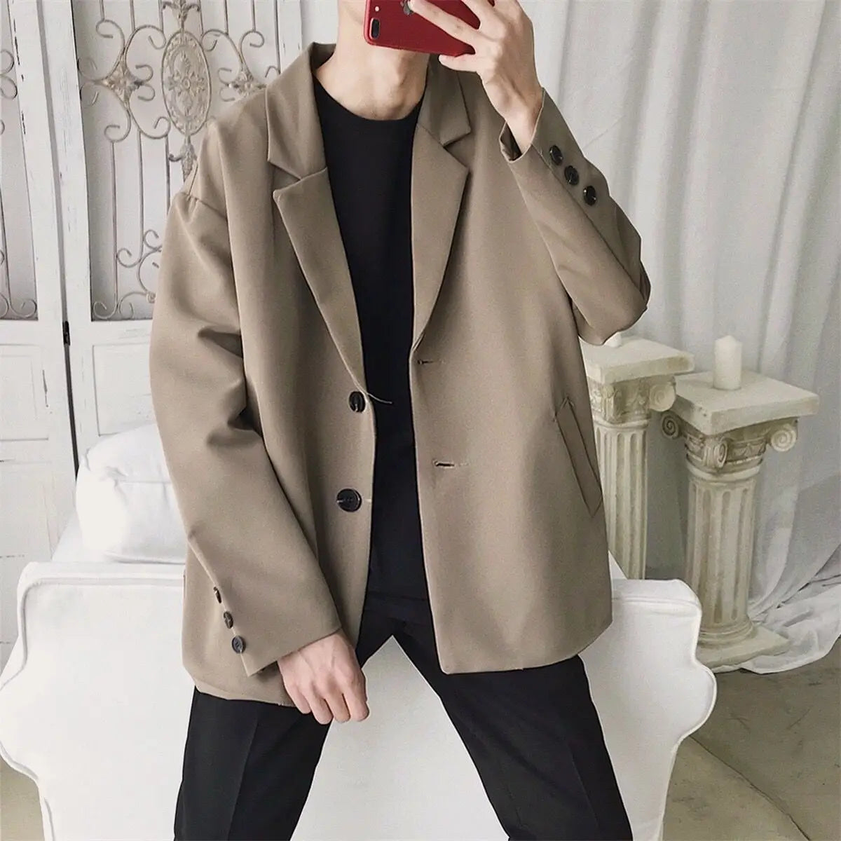Men Spring Autumn Casual Blazer Set INS Korean Style Trendy Hong Kong Vibe Handsome Suit Jacket Outerwear