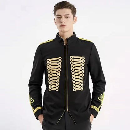 Men's European Style Stand Collar Zipper Blazer Golden Rope Detail Cosplay Middle Ages Tuxedo for Stage Performances And Parties
