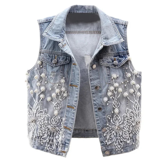 Women Denim Vest 2024 Pearls Fashion Ripped Autumn Jeans Jacket Sleeveless Loose Short Coat Causal Waistcoats Outwear Tops