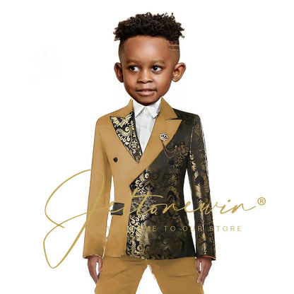 Black And Gold Floral Wedding Boys Suit Double Breasted Formal Kids Blazer Set Party Dress Child Tuxedo Jacket Pants 2 Piece Set