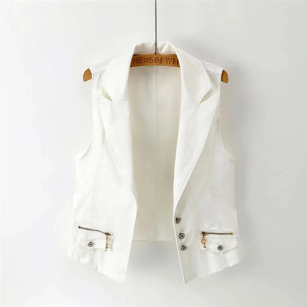 New White Denim Vest Women Waistcoat Slim Short Cowboy Sleeveless Jacket Casual Jeans Vests Female Outerwear Chaleco Mujer
