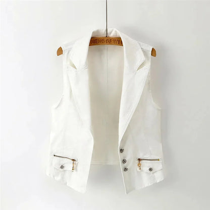 New White Denim Vest Women Waistcoat Slim Short Cowboy Sleeveless Jacket Casual Jeans Vests Female Outerwear Chaleco Mujer