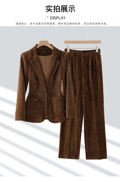 2024 Autumn New Corduroy Elegant Pant Suit Ladies Formal Business Work Wear 2 Piece Set Black Coffee Jacket Blazer And Trouser