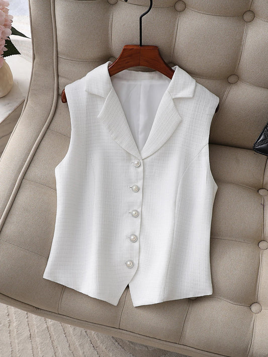 Chic White Tweed Vest for Women, Korean Style Sleeveless Blazer with Elegant Pearl Buttons, Spring and Summer Office Lady Top
