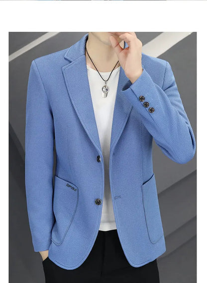 Men's Casual Blazer Two-Button Waffle Pattern for Spring Autumn