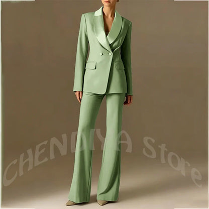 Classic Shawl Lapel Suit For Women Elegant Double Breasted Outfit Solid Color Two Piece Straight Modern Style Office Wear