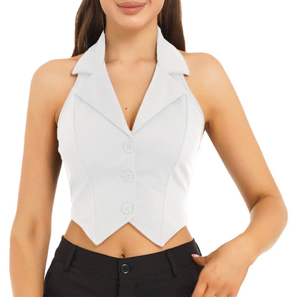 Womens Fashion Vest Shirts Separate Waistcoat Crop Tops Lapel Halter Backless Button Down Pointed Hem Vest for Party Formal Wear