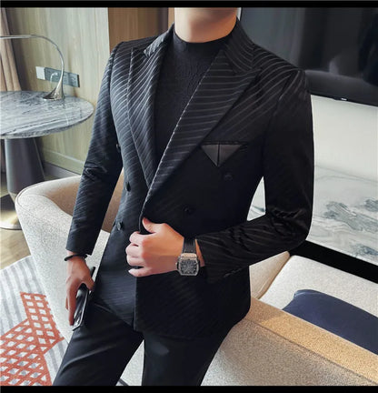 British Style Double Breasted Suit Jacket Men Striped Casual Business Blazers High Quality Wedding Social Banquet Dress Coats