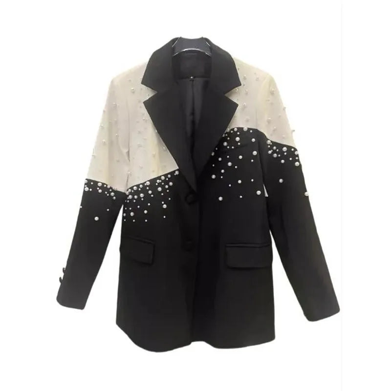 Elegant Women Autumn New Pearls Beading Mid Long Blazer Jacket Mixed Colors Loose Fit Office Ladies Suit Coat Party Outerwear