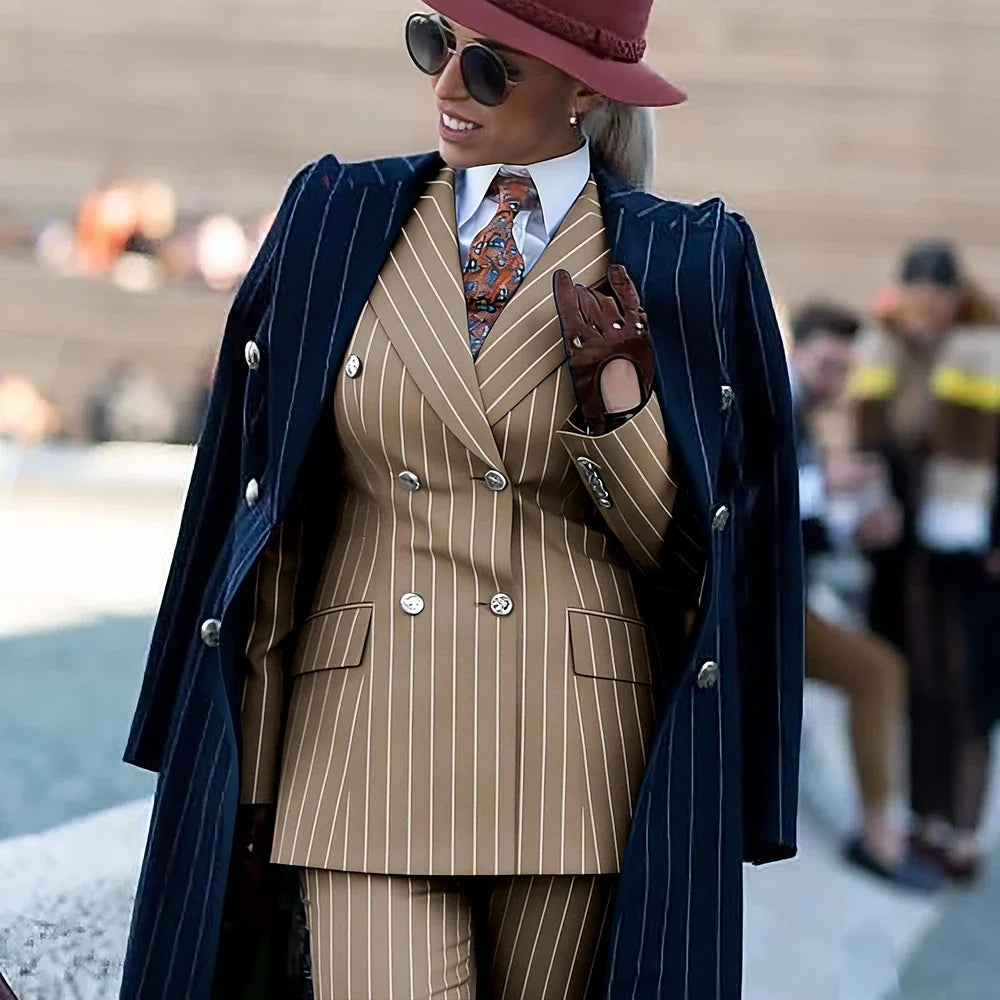 Formal Women's Burgundy Pinstripe Suit with Navy Blue Striped Coat Double Breasted 3Piece Set Elegant Evening Party Outerwears