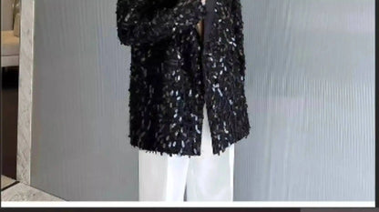 Design Patchwork Burr Original Casual Shoulder Pad Sequin Blazer Coat Men's 2025 Autumn Fashion Temperament Jacket JY7384