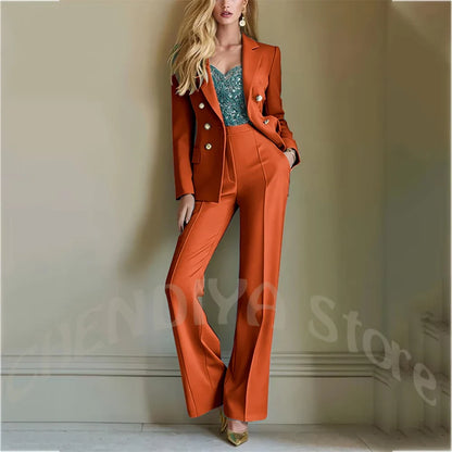 Solid Color Suit For Women High Quality Double Breasted Two Piece Notch Lapel Slim Fit Elegant Fashion Female Outfit Jacket Pant