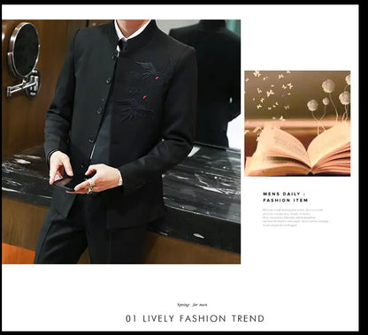 Suit (Blazer + Trousers) Men's Chinese-Style Stand-Up Collar Wedding & Business Suit
