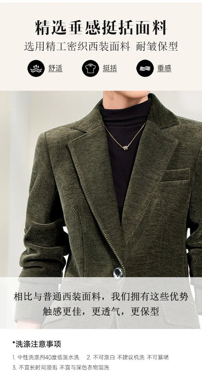 2024 Autumn New Corduroy Elegant Pant Suit Ladies Formal Business Work Wear 2 Piece Set Green Wine Jacket Blazer And Trouser