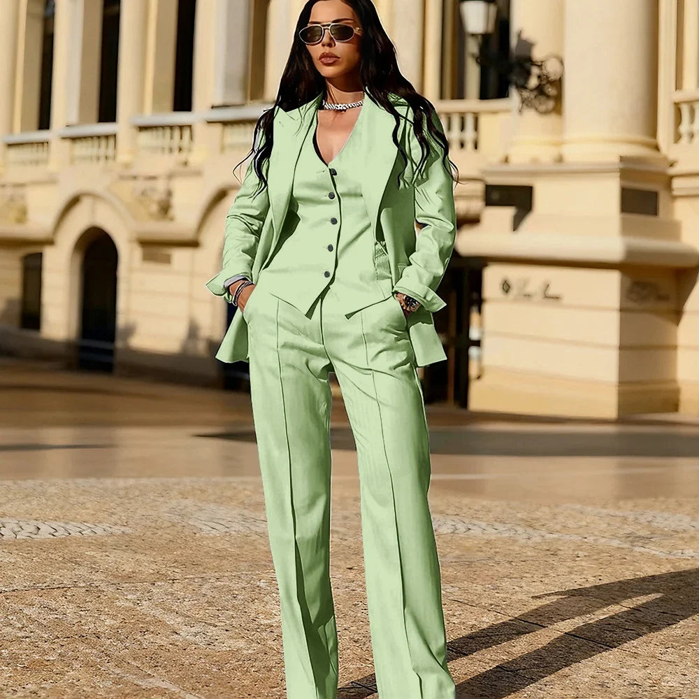 Light Blue 3 Piece Suit Set New Women's Jackets Single Breasted Peaked Lapel Blazer+Vest+Pants Formal Office Commute Outfit