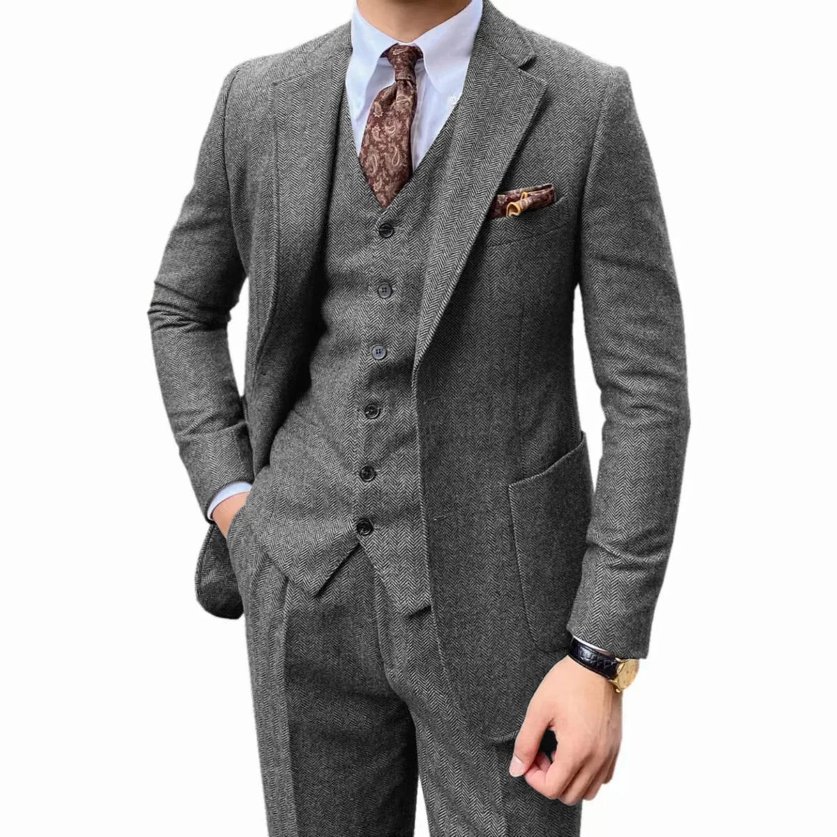 Costume de smoking à chevrons pour hommes, ensemble deux pièces, revers crantés, un bouton, gilet simple boutonnage à chevrons, tissus en laine épaisse