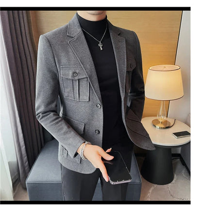 Winter Woolen Suit Jacket for Men Multiple Pockets Slim Fit Casual Business Blazers Masculino Wedding Streetwear Social Coats
