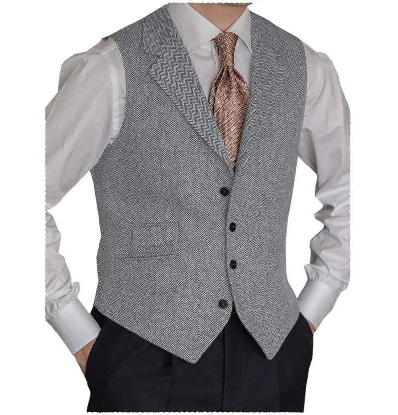 Men's Herringbone Vest – Slim Fit Tailored Collar Waistcoat for Men – Smart Casual & Wedding