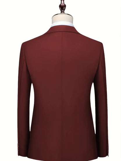Men's Burgundy 2-Piece Suit Set (Blazer + Trousers Only, No Vest Included),Slim Fit Formal Business Wedding Party Jacket & Pants