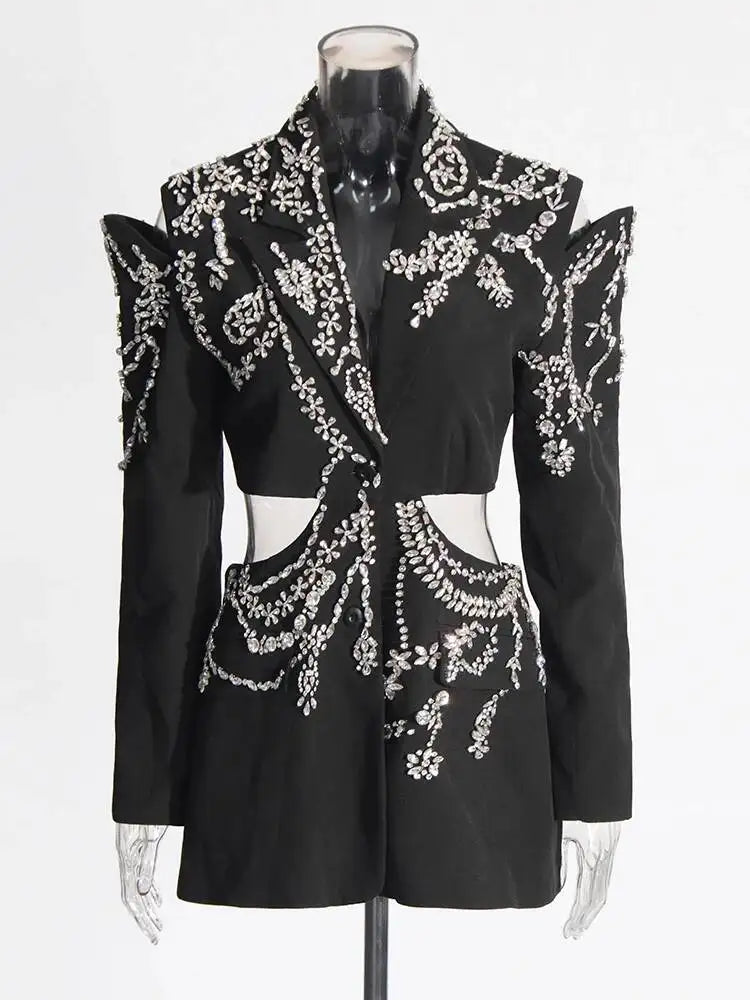 Solid Spliced Diamonds Turn-Down Collar Blazers Long Sleeve Hollow Out Patchwork Button Coat 2026 Autumn Women's New