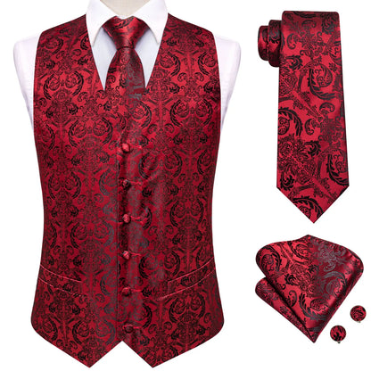 Men's Suit Vest Set Red Paisley Waistcoat with Tie Pocket Square Cufflinks for Weddings