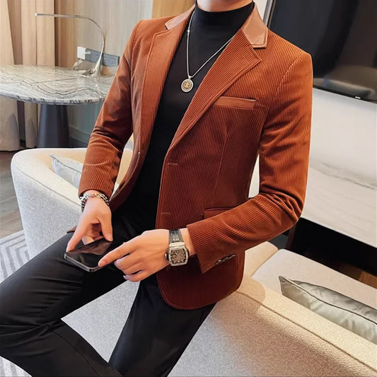 Autumn Winter Corduroy Suit Coat For Men Korean Elegant Slim Fit Business Formal Dress Coats Groom Wedding Tuxedo Suit Jacket