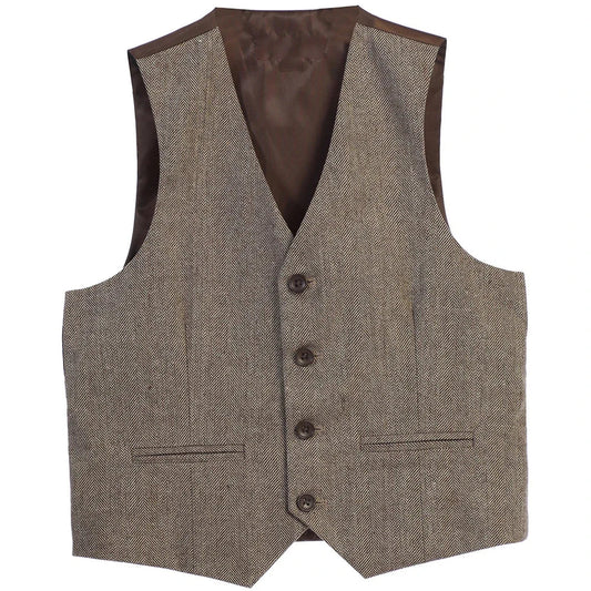 Men's Herringbone Tweed Vest – Deep V-Neck Slim Fit Waistcoat for Weddings & Business
