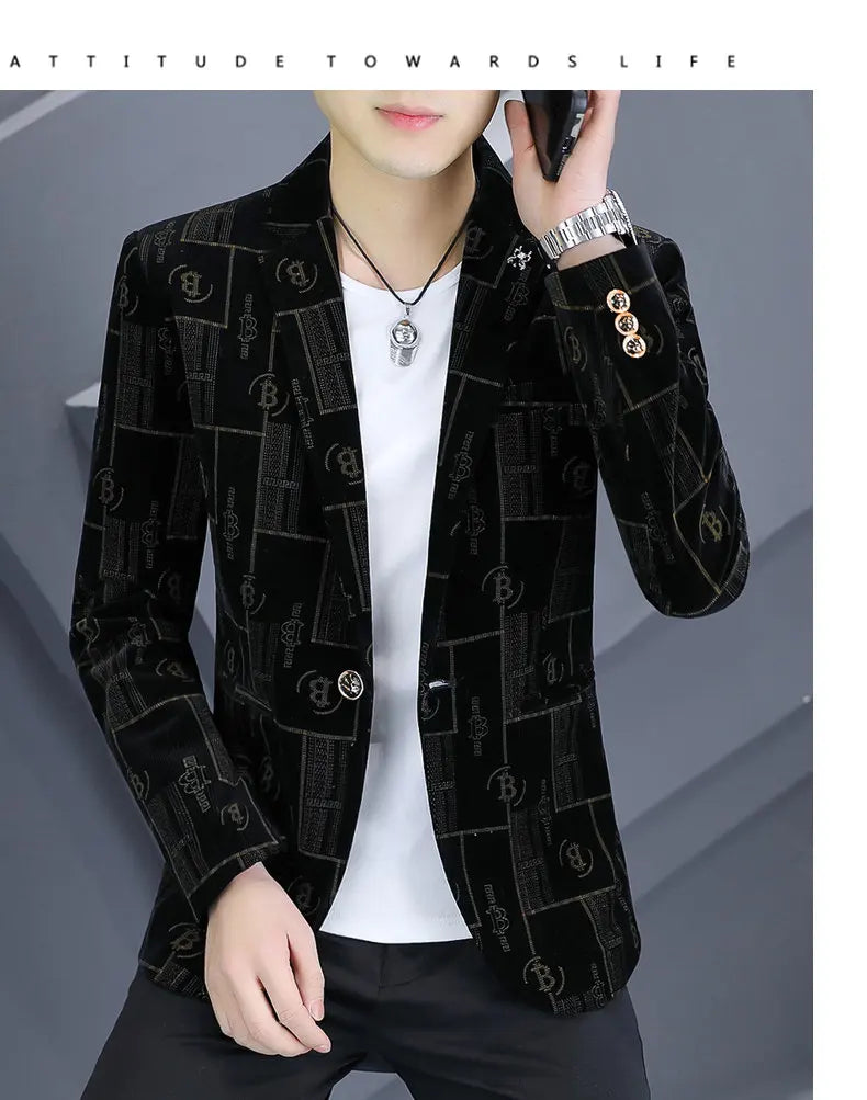 Autumn Luxury Corduroy Suit Jacket for Men Letter Printed Casual Business Men Blazers Slim Fit Social Banquet Party Dress Coats
