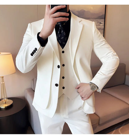 British Style Fake Two-piece Suit Set Men's Wedding Groom Dress 3 Piece Set Suit Vest Trousers Slim Office Business Casual Suits