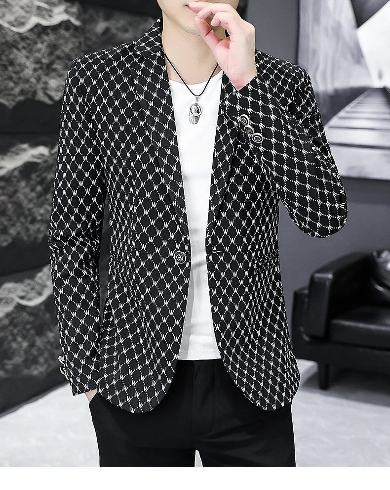 Korean Letter Print Men Blazers Brand 2024 Spring Casual Business Suit Jackets Slim Fit Street Wear Social Jacket Men Clothing