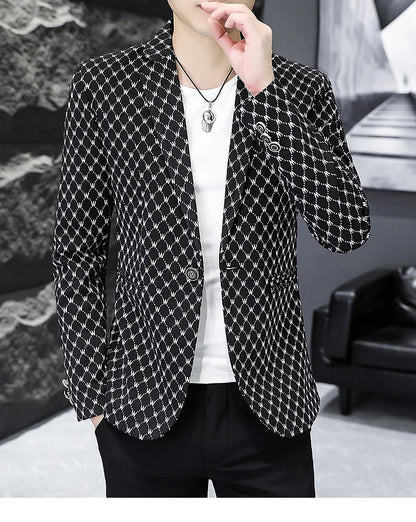 Korean Letter Print Men Blazers Brand 2024 Spring Casual Business Suit Jackets Slim Fit Street Wear Social Jacket Men Clothing