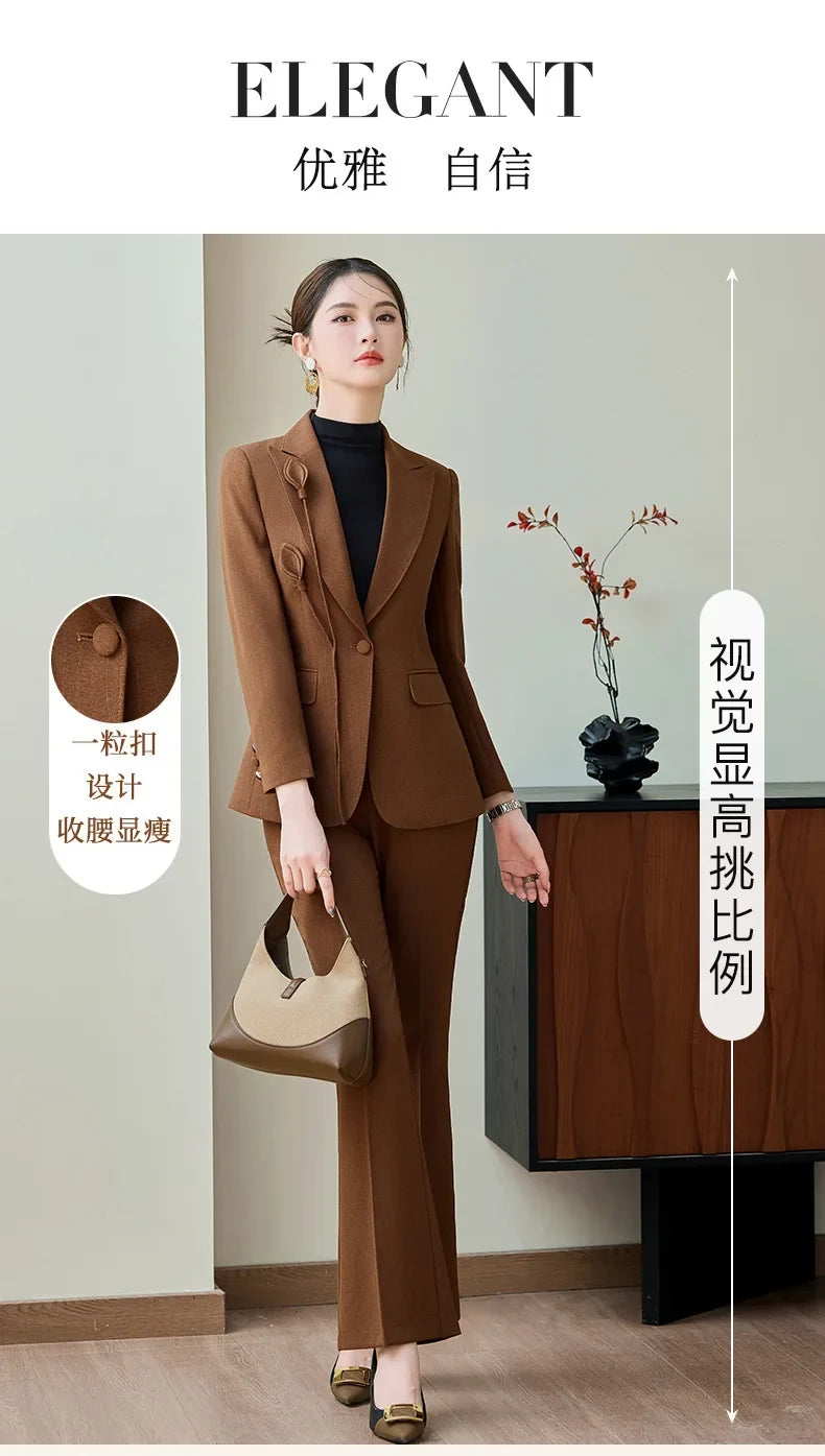 High End Khaki Elegant Fashion Two Piece Set Fashion Women Slim Single Button Blazer And Flare Pant Office Lady Work Wear