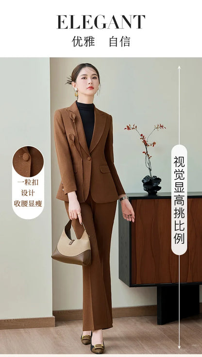 High End Khaki Elegant Fashion Two Piece Set Fashion Women Slim Single Button Blazer And Flare Pant Office Lady Work Wear