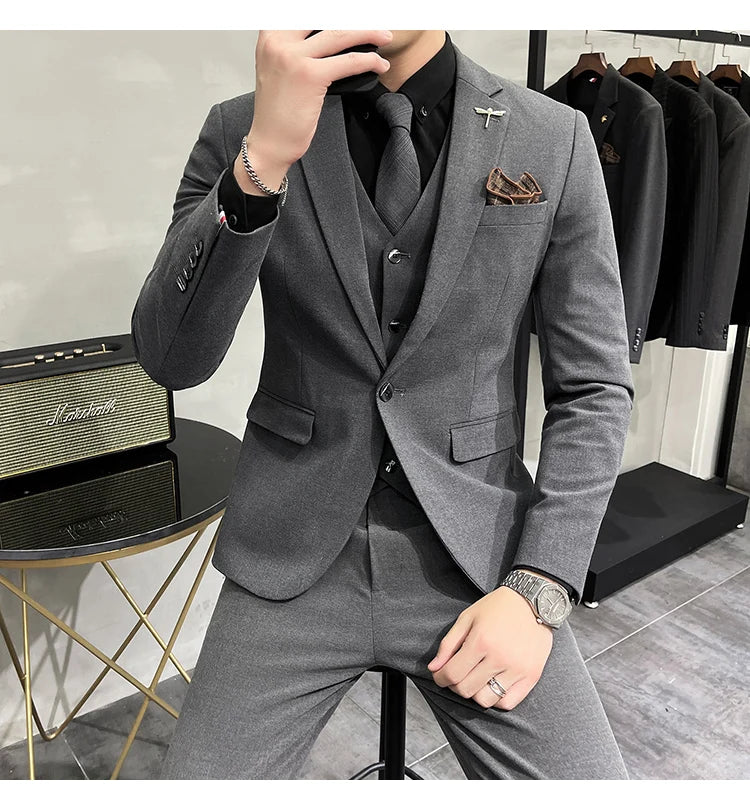 (Jacket +Vest+Pants) Plus Size 7XL-S Men Korean Slim Fit Groom Wedding Business Casual Tuxedo Mens Work Social Suit 3 Pieces