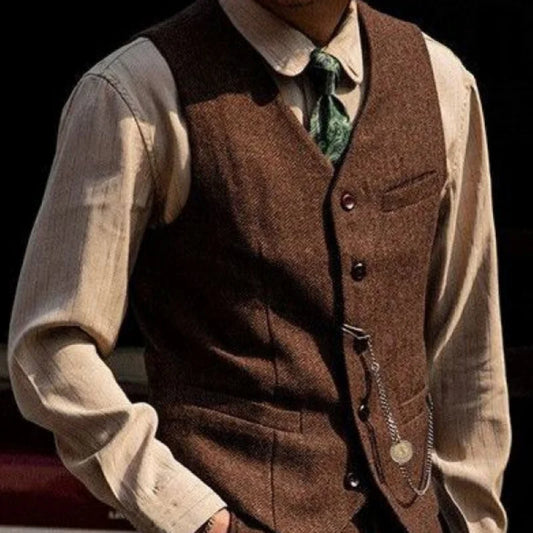 Men's Formal Vest Single Breasted Herringbone Waistcoat for Weddings & Business