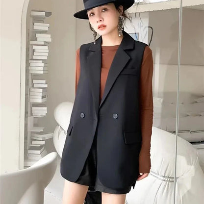Vintage Sleeveless Suit Vest Fashion Casual Lapel Suit Waistcoat 2025 Summer Women Office Double Breasted Split Back Outwear