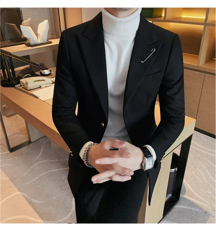 Autumn Pin Decoration Men Blazers Casual Suit Jacket Single Breasted Streetwear Social Business Dress Coat Wedding Groom Jacket
