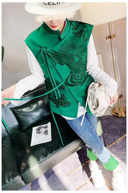 Vintage Chinese Style Vest Outerwear White Crane Embroidered Lacing Waistcoat 2025 Spring Summer Elegant Women's Clothing
